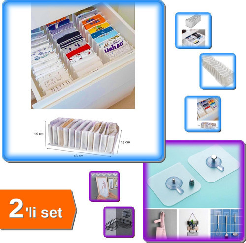 11 Gözlü Akordiyon Çekmece Düzenleyici + 3 Adet Yapışkanlı Mutfak Banyo Askı - 2li Set X4G4L2
