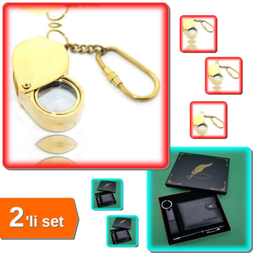 Pirinç Büyüteç Anahtarlık Model 2 + Kutulu Siyah Tükenmez Kalem Cüzdan ve Anahtarlık - 2li Set Q5P6G