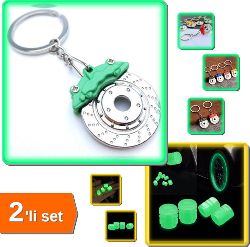 Araba Fren Diski Anahtarlık + 4 Adet Yeşil Fosforlu Sibop Kapağı - 2li Set R6H9M9