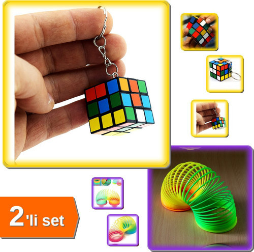 Nostaljik Zeka Küpü Anahtarlık Sihirli Mini Rubik + Stres Yayı Büyük Boy - 2li Set J7Z0T2