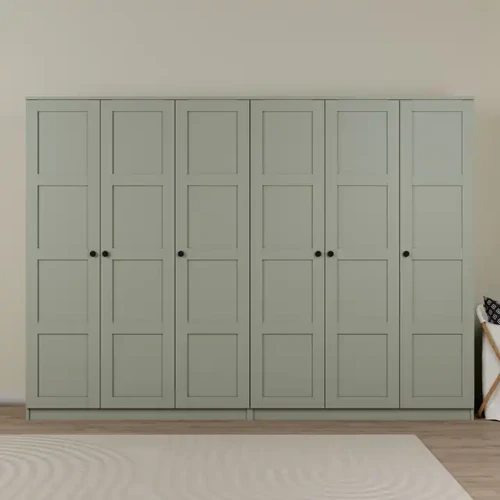 Loren 6 Kapaklı,15 Raf Bölmeli Yüklük & Askılıklı Geniş Elbise Dolabı-Gardırop Yeşil 190x270 cm