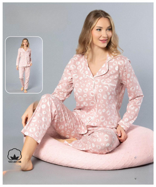 Melodi Kadın Standart Kalıp %100 PAMUK Önden Düğmeli Uzun Kol Baharlık Pijama Takımı 16147- 1 Adet