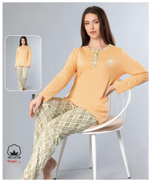 Melodi Kadın Standart Kalıp %100 PAMUK Düğmeli Yaka Uzun Kol Baharlık Pijama Takımı 16166- 1 Adet