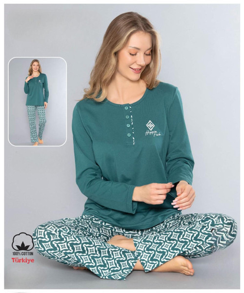Melodi Kadın Standart Kalıp %100 PAMUK Düğmeli Yaka Uzun Kol Baharlık Pijama Takımı 16167- 1 Adet