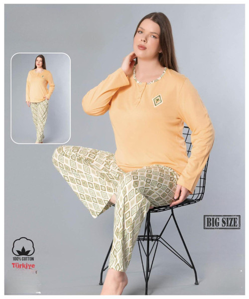 Melodi Kadın Büyük Beden Standart Kalıp %100 PAMUK Düğmeli Yaka Uzun Kol Baharlık Pijama Takımı 17096- 1 Adet