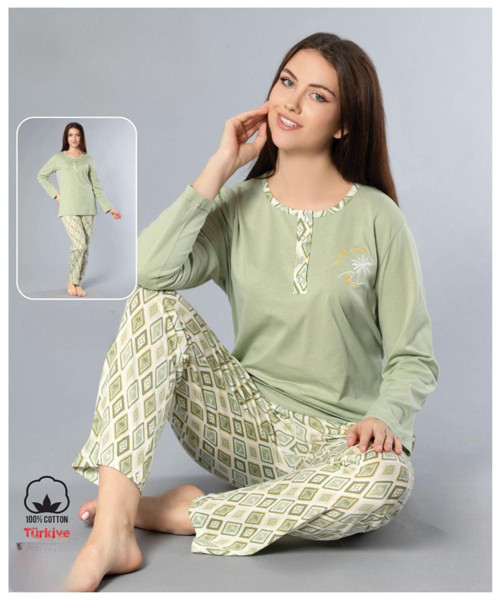 Melodi Kadın Standart Kalıp %100 PAMUK Düğmeli Yaka Uzun Kol Baharlık Pijama Takımı 16165- 1 Adet