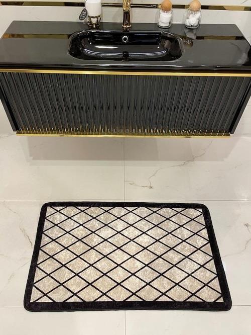 Tekli Geometrik Desen Lateks Taban Banyo Paspas Bej 50 x 100 cm