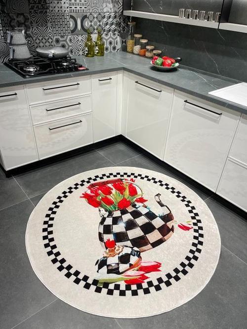 MacKenzie Damalı Garen Model Lateks Deri Taban Mutfak Halısı Krem 100 x 100 cm