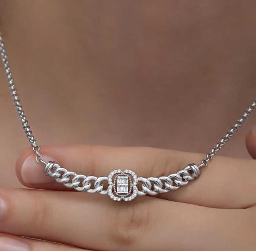 925 Ayar Gümüş Gurmet Zincirli Baget Taşlı Kadın Kolye