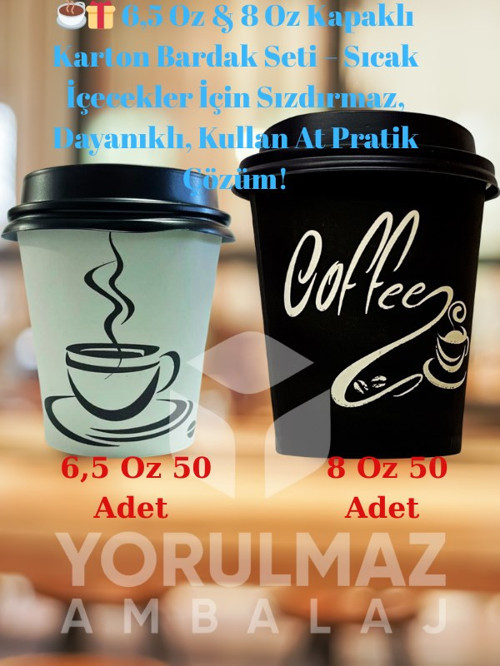 ☕🎁 6,5 Oz & 8 Oz Kapaklı Karton Bardak Seti – Sıcak İçecekler İçin Sızdırmaz, Dayanıklı, Kullan At