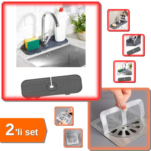 Esnek Musluk Lavabo Su Tutucu Matı + 10 Adet Yapışkanlı Banyo Gider Koruyucu - 2li Set P9S1N5