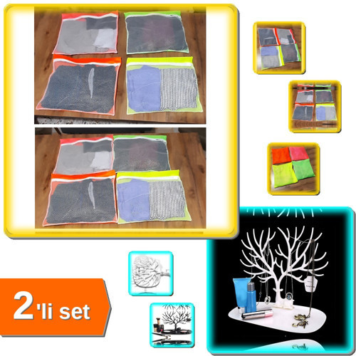 4 Adet 4 Renk Bavul İçi Düzenleyici + Beyaz Geyik Şeklinde Mücevher Organizeri - 2li Set F7Q1U5