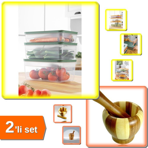 Bambu Havan + 5LT Vakumlu Mikrodalga Buzluk Saklama Kabı - 2li Set DEF456