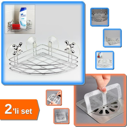 Banyo Organizeri Köşe Organizer Vantuzlu + 10 Adet Yapışkanlı Banyo Gider Koruyucu - 2li Set M0B2B3
