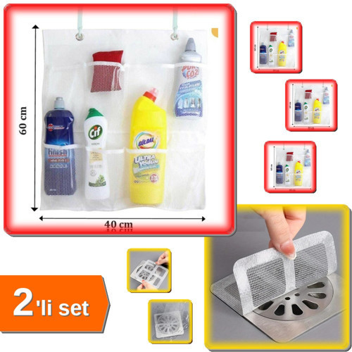 8 Cepli Askılı File Organizer + 10 Adet Yapışkanlı Banyo Gider Koruyucu + Saç Toplayıcı - 2li Set