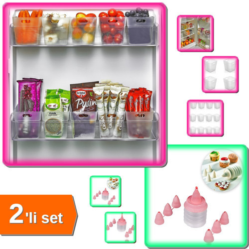 12 Adet Buzdolabı İçi Mini Organizeri Kutu + Krema Pompası - Mini Krema Pompası - 2li Set T9S1N1