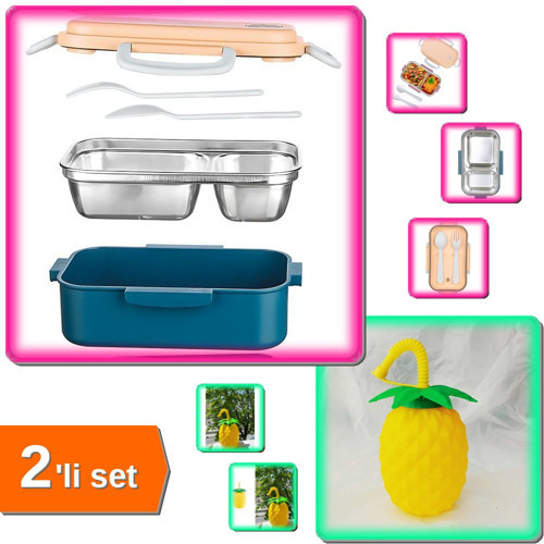 Çelik Beslenme Kabı + Ananas Pipetli Suluk - Şık ve Kullanışlı - 2li Set P4G7F1