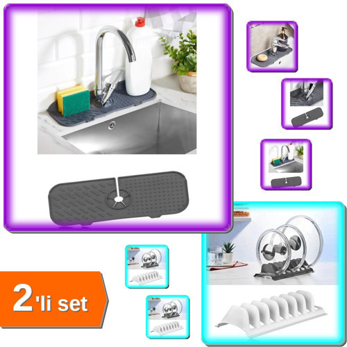 Esnek Musluk Lavabo Matı + Beyaz 2 Adet 8 Bölmeli Tencere Kapak Rafı - 2li Set K6Q1Y0