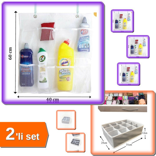 8 Cepli Askılı Mutfak Banyo File Organizer + Pratik 12 Bölmeli Çekmece Düzenleyici - 2li Set B8G0P4