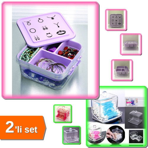 Pratik Takı - Dikiş Kutusu - Hobi Saklama Kabı + Kapaklı Kulak Çubuğu Organizer 2li Set – M4X7R2