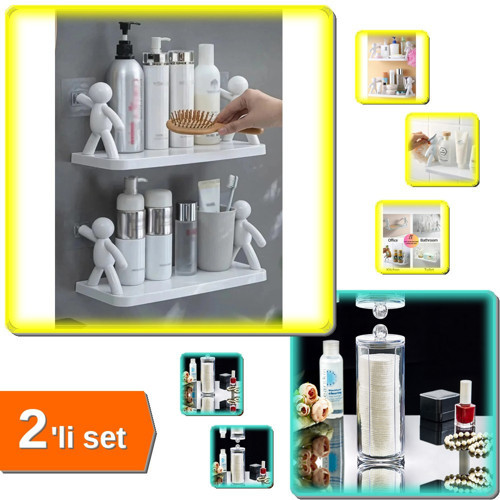 2 Adet Özel Yapışkanlı Makyaj Malzeme Baharatlık Rafı + Makyaj Pamuğu Organizeri - 2li Set R4J4L8