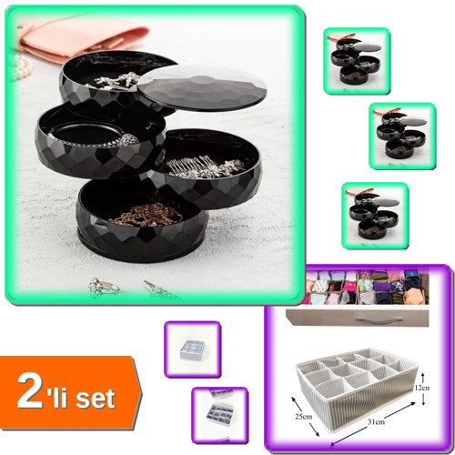360 Derece Dönebilen 4 Katlı Takı Organizer + Pratik Bölmeli Çekmece Düzenleyici - 2li Set J0G4Z3