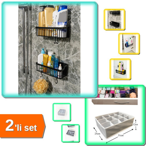 2 Adet Plastik Yapışkanlı Askılı Banyo Rafı + Pratik 12 Bölmeli Çekmece Düzenleyici - 2li Set P6R7R8