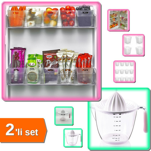 12 Adet Buzdolabı İçi Mini Kutu Organizer + Ölçme Kabı 1000 ML Narenciye Sıkacağı - 2li Set S7Z2U1