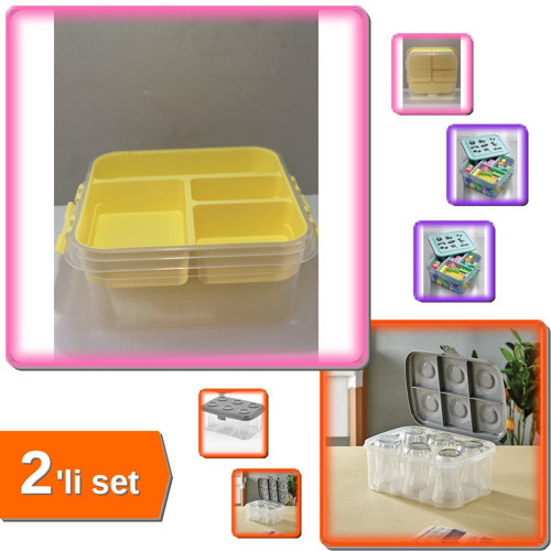 Oyuncak Hobi Saklama Kutusu + 6 Adet Bardak Taşıma Kapasiteli Piknik Şeffaf Kutu - 2li Set J3P3N8