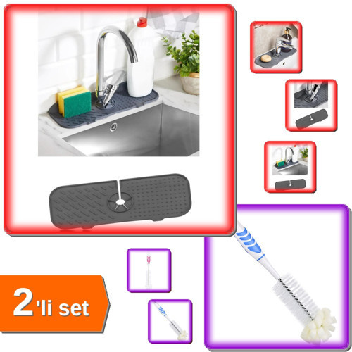 Esnek Su Tutucu Musluk Lavabo Matı + Şişe Temizleme Fırçası - Pratik Temizlik Seti - 2li Set B6Y3J7