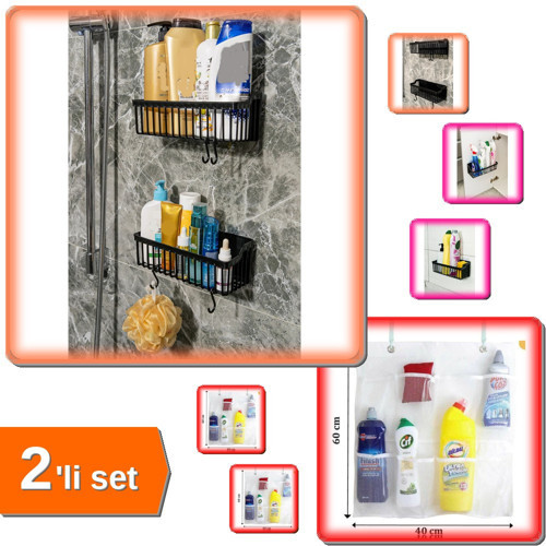 2 Adet Plastik Askılı Yapışkanlı Banyo Rafı + 8 Cepli Askılı File Mutfak Düzenleyici - 2li Set P8L0H