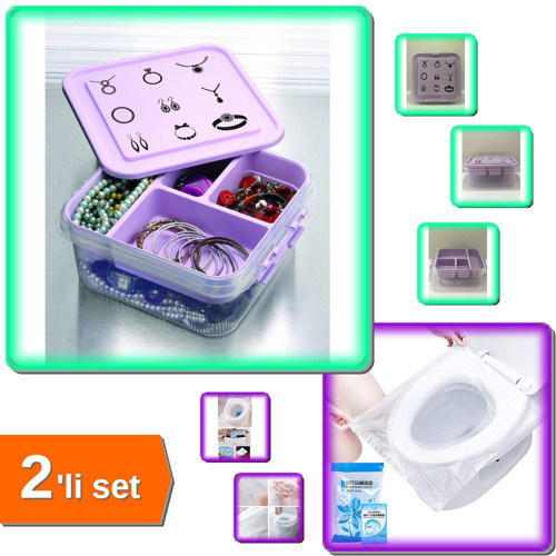 Takı Dikiş Kutusu Saklama Kabı + 50 Adet Seyahat Tipi Klozet Kılıfı - 2li Set Y2J8F6