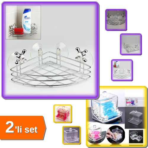 Vantuzlu Metal Köşe Banyo Organizeri + Kapaklı Kulak Çubuğu Düzenleyici - 2li Set X1A2B3
