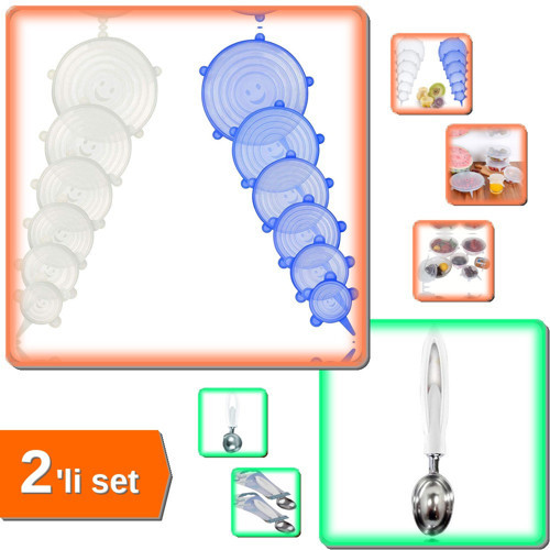 6 Adet Tazeliği Koruyan Silikon Strech Kapak + Metal Dondurma Kaşığı - 2li Set D9T0G7