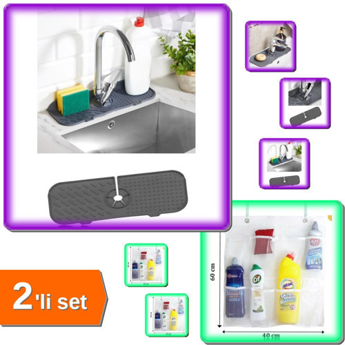 Esnek Musluk Lavabo Matı + 8 Cepli Askılı Mutfak Banyo Düzenleyici - 2li Set H3Q2M9