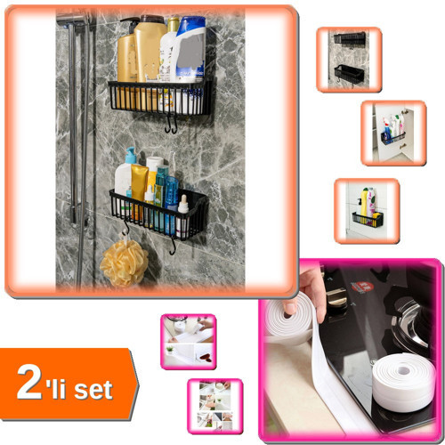 2 Adet Plastik Yapışkanlı Askılı Mutfak Banyo Rafı + Su Sızdırmaz Kenar Bandı 3.2m - 2li Set S0U9K9