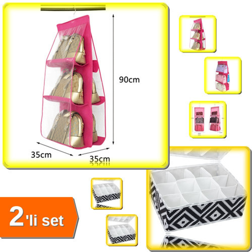 6 Gözlü Pratik Dolap İçi Çanta + 12 Bölmeli Mozaik Desen Organizer - 2Li Set S8D7T2