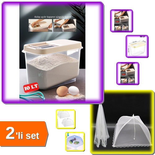 Sürgülü Kapaklı 10 LT Erzak Bakliyat Un Şeker Saklama Kabı + Yiyecek Koruma Şemsiyesi - 2li Set L8F9