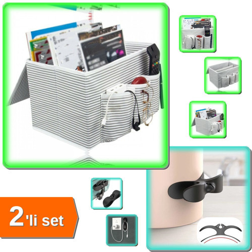 Pratik Bölmeli Başucu Düzenleyici Organizer + 4 Adet Kablo Sarma Aparatı Airfry - 2li Set N9F7R7