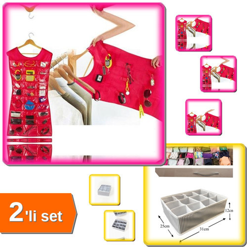 Elbise Şeklinde Takı Organizeri - Pembe + 12 Bölmeli Pratik Çekmece Düzenleyici - 2li Set 3ALJ5V