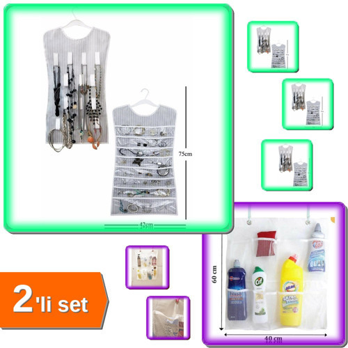 Siyah Çizgili Elbise Şeklinde Takı Organizeri + 8 Cepli Bebek Beşik Düzenleyici - 2li Set F6K7V1