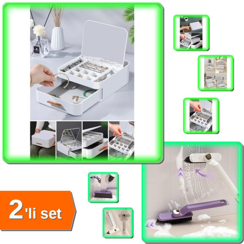 Aynalı Takı Organizeri + Döner Başlıklı Temizlik Fırçası Cımbızlı - 2li Set V9F4X1