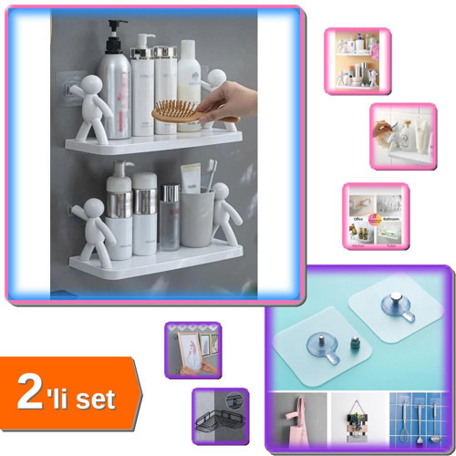 Mutfak + Banyo Yapışkanlı Raf Tutucu 5 Adet + Kendinden Yapışkanlı 2 Adet Raf 2li Set - Z8T1LM