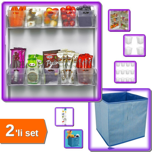 12 Adet Mini Buzdolabı Düzenleyici Kutu + Çok Amaçlı Dolap İçi Mavi Çizgili Kutu - 2Li Set C2P5F0