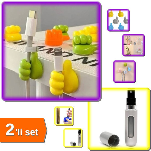 10 Adet El Şeklinde Kablo Tutucu + Mini Doldurulabilir Seyahat Parfüm Şişesi 5 Ml - 2li Set E6K5F9