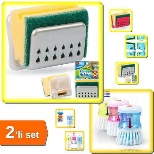 Deterjan Hazneli Bulaşık Fırçası + Sünger Askısı - 2li Set ABC456