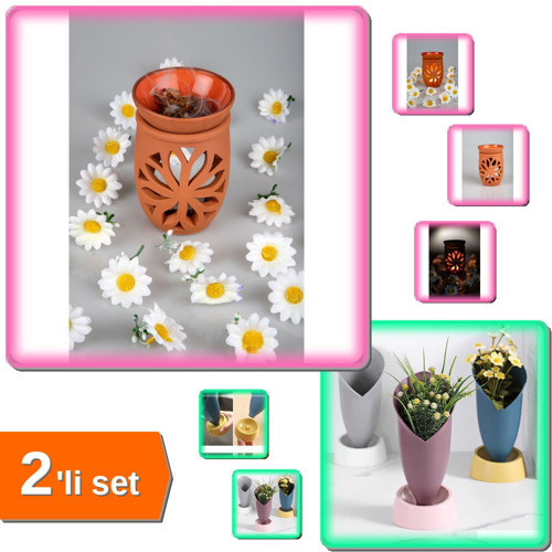 Lotus Çiçeği El Yapımı Çömlek Buhurdanlık + Lale Figürlü Dekoratif Vazo 2li Set Q7R3P9