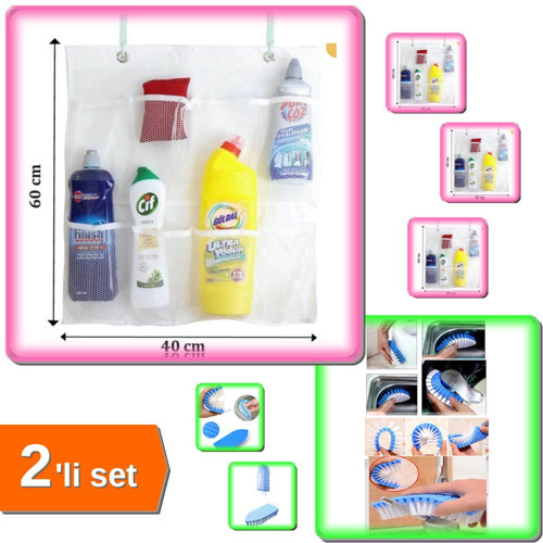 Mutfak + Banyo İçin 8 Cepli Askılı Düzenleyici File + Esnek Temizlik Fırçası A4B5C6
