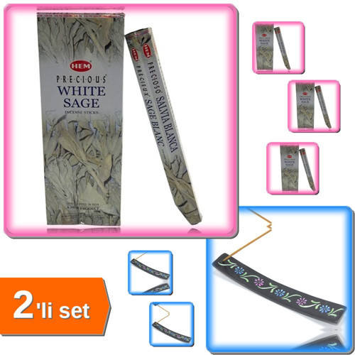 Precious White Sage Aromalı Çubuk Tütsü + Obsidian Taşı Kayık Tütsülük Model 4 - 2li Set A5K0V1