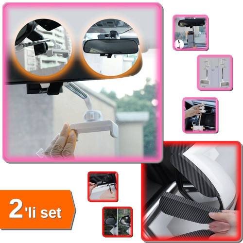 Dikiz Aynasına Takılan Akrobat Telefon Tutucu + Ayna Yağmur Koruyucu Karbon Desenli - 2li Set F1T4D2